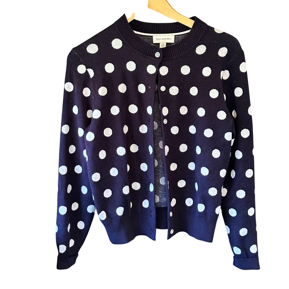 Free Assembly Women's Navy Blue Polka Dot Cardigan Sweater Small Classic Travel